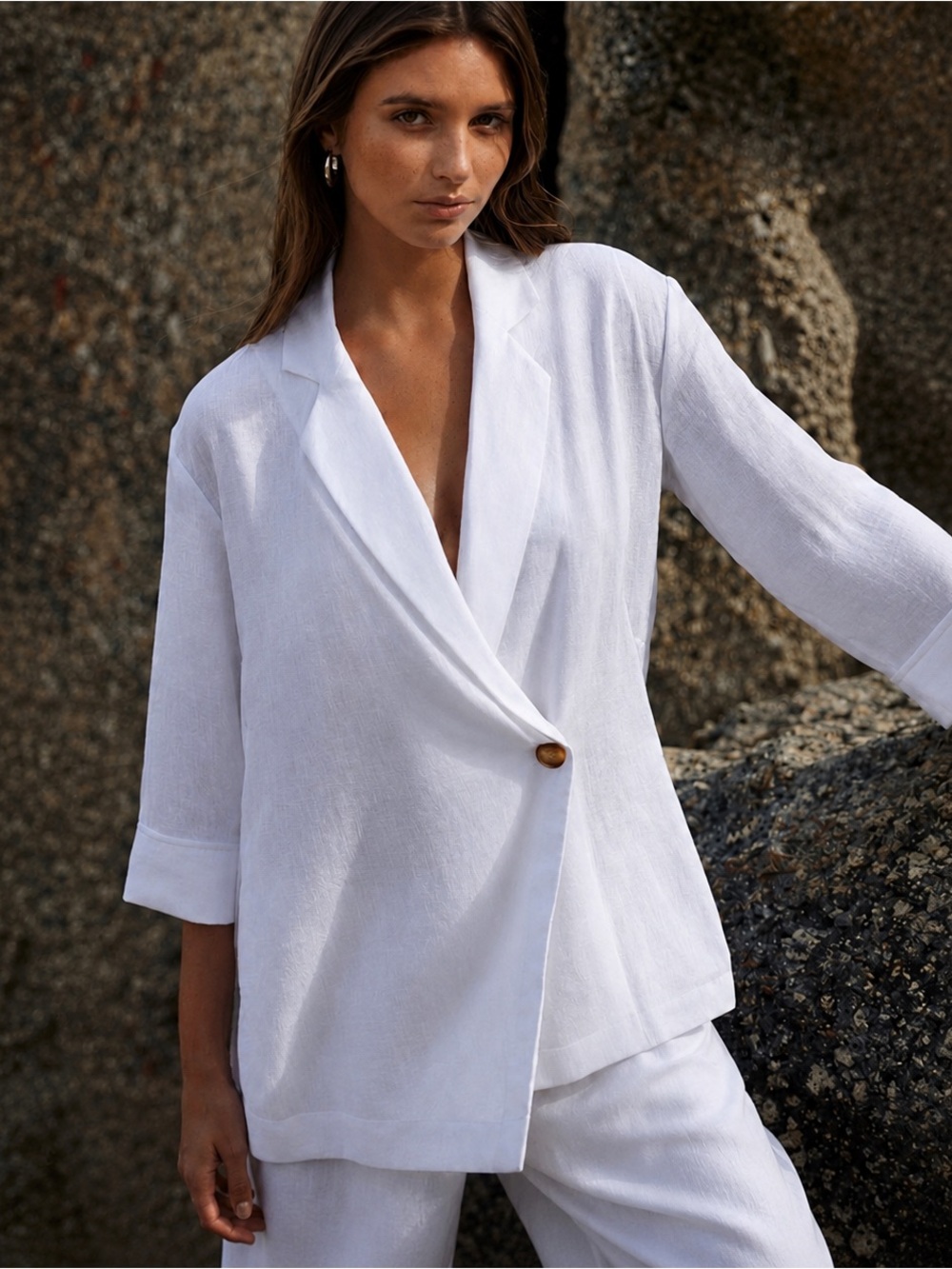 Calzedonia Flax & Viscose Lightweight Blazer White Relaxed Fit Coastal Cover Up